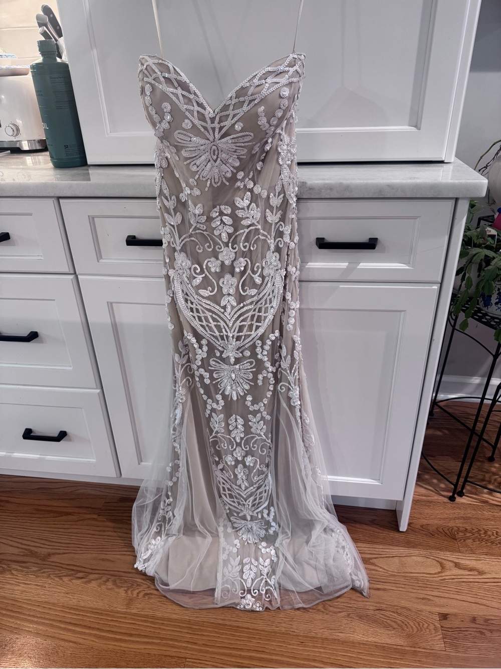 Elegant Beaded Ivory Lace Overlay Gown